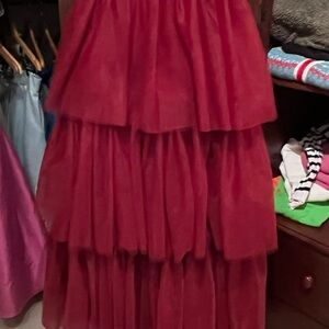 Full length tulle Elegant Red Tiered Skirt